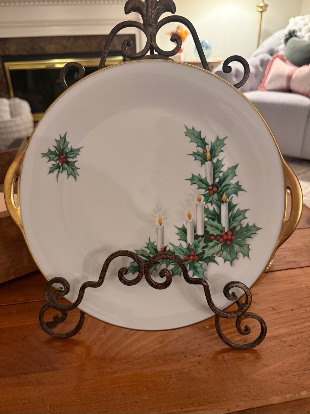 TIRSCHENREUTH PASCO CHRISTMAS HOLLY CANDLE  CAKE DISH 2 HANDLE NOEL PATTERN P T